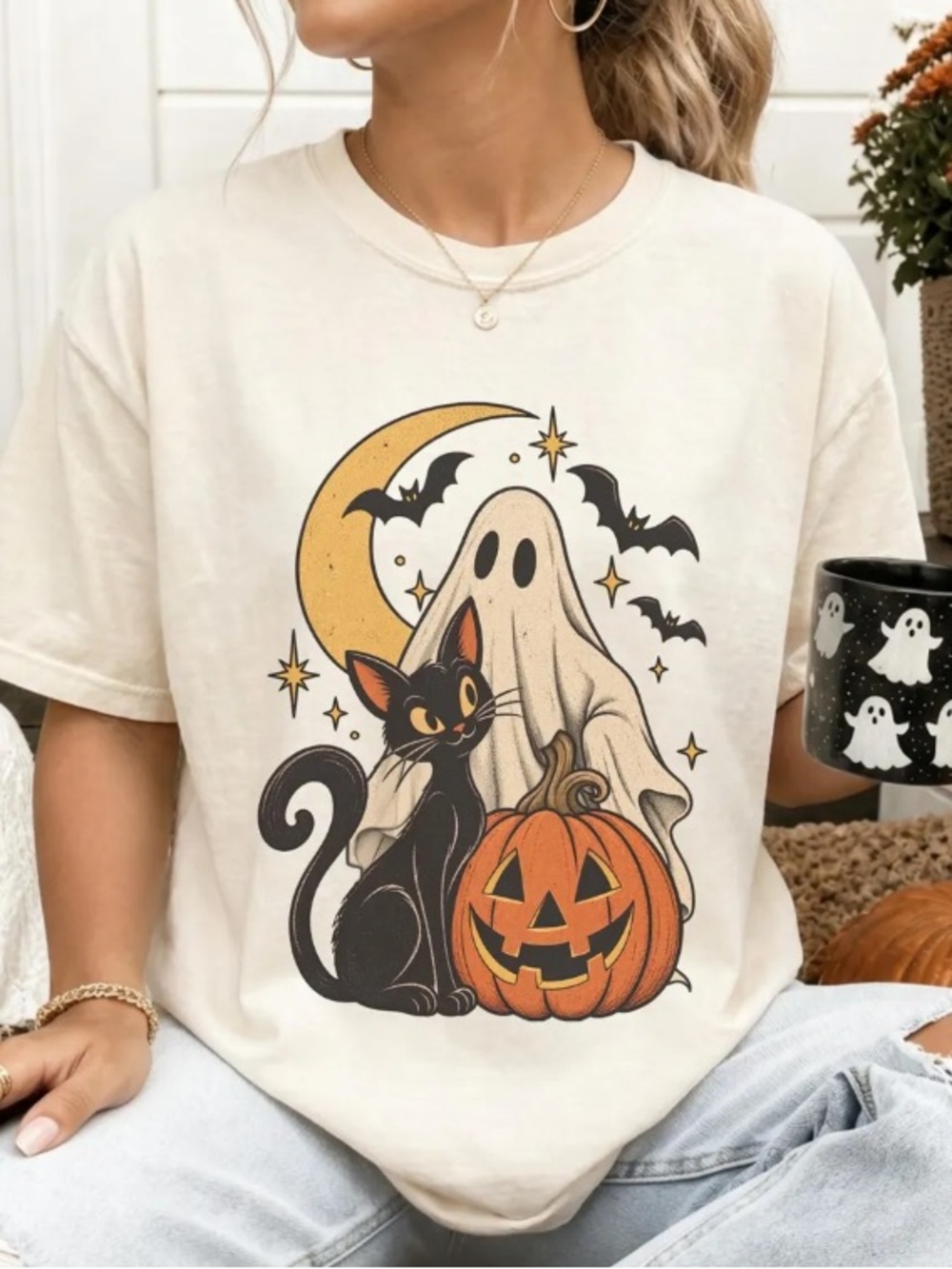 Halloween Cat & Pumpkin Comfort Color Tee, Retro Spooky Season Fall Graphic Tee